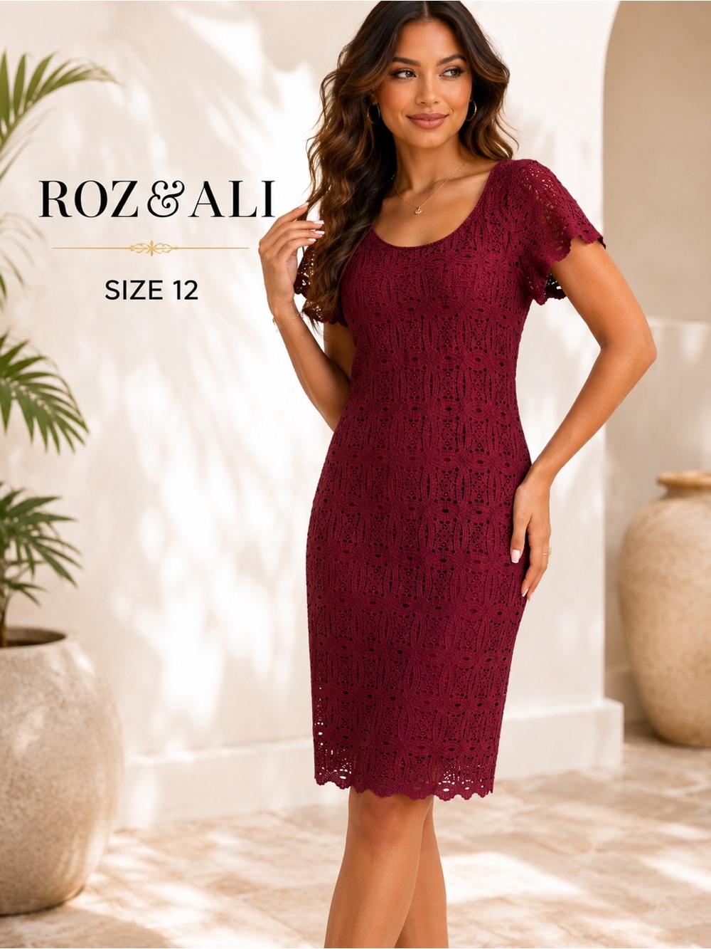 Roz & Ali Burgundy Lace Sheath Dress Size 12 Gold Zip Stretch Midi Elegant